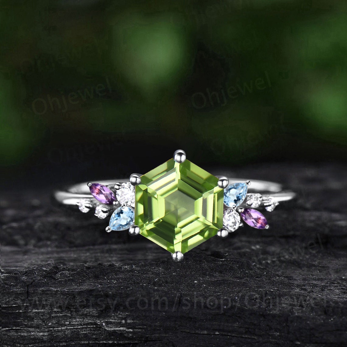 Unique Hexagon cut peridot engagement ring solid 14k yellow gold cluster snowdrift amethyst topaz diamond bridal anniversary ring women
