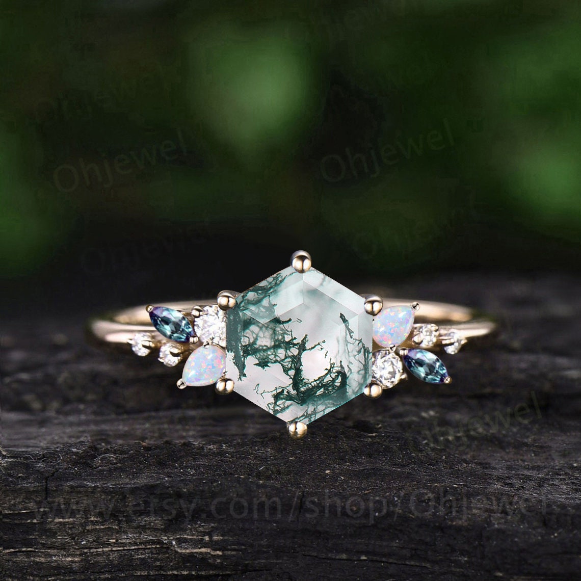Hexagon cut green moss agate engagement ring solid 14k rose gold cluster snowdrift opal alexandrite diamond wedding anniversary ring women