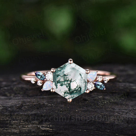 Hexagon cut green moss agate engagement ring solid 14k rose gold cluster snowdrift opal alexandrite diamond wedding anniversary ring women