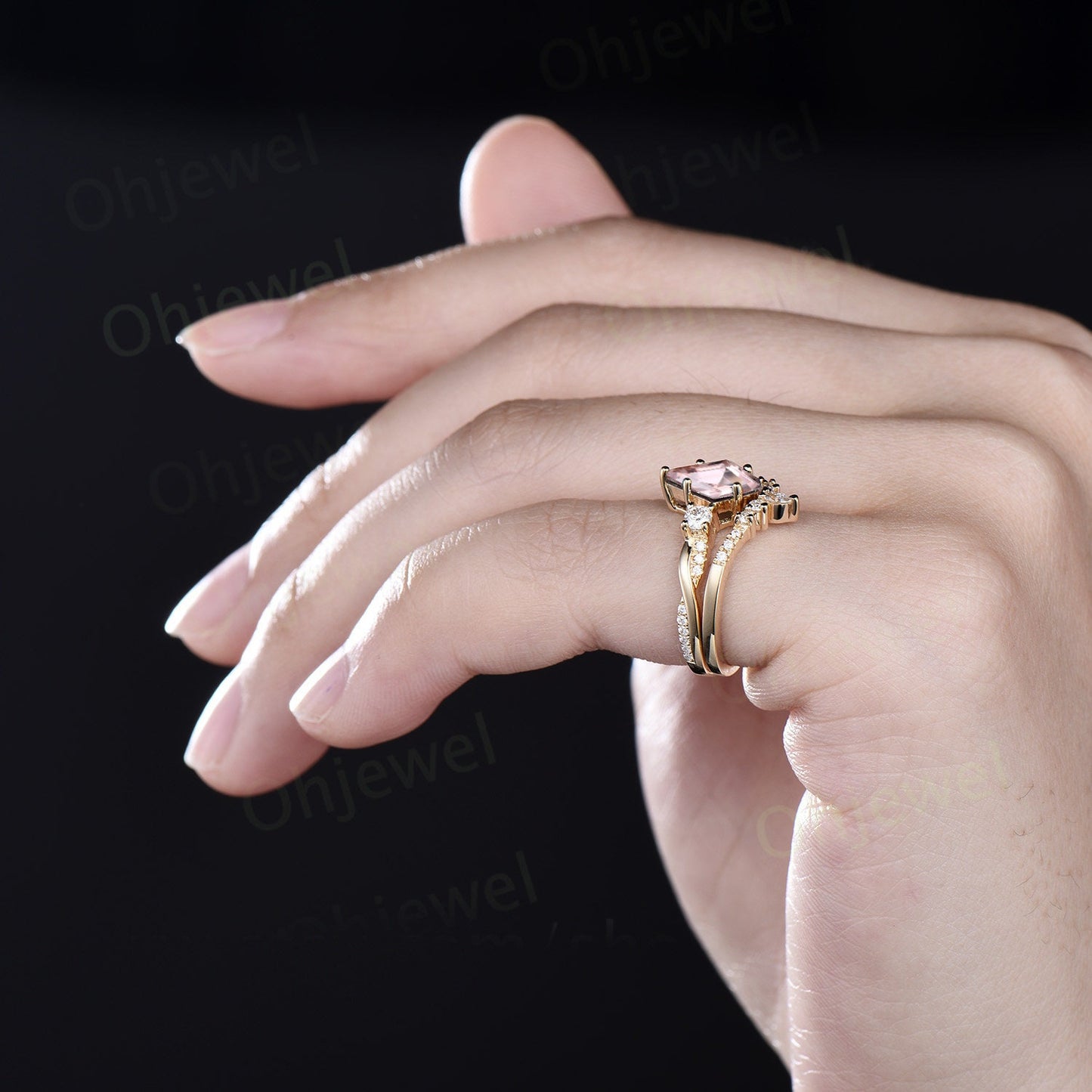 Vintage kite cut morganite engagement ring solid 14k yellow gold art deco eternity twisted diamond anniversary promise ring women her gift