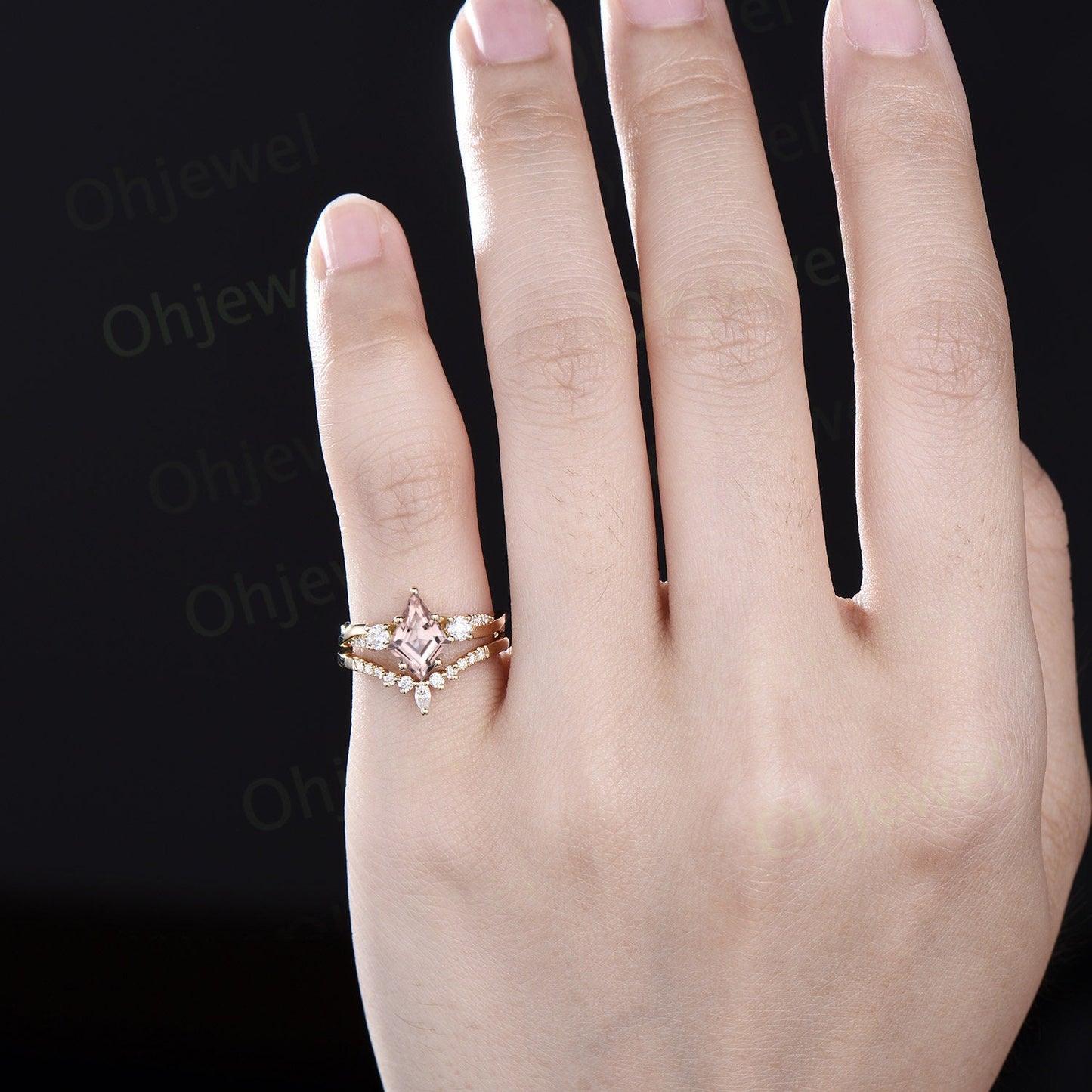 Vintage kite cut morganite engagement ring solid 14k yellow gold art deco eternity twisted diamond anniversary promise ring women her gift