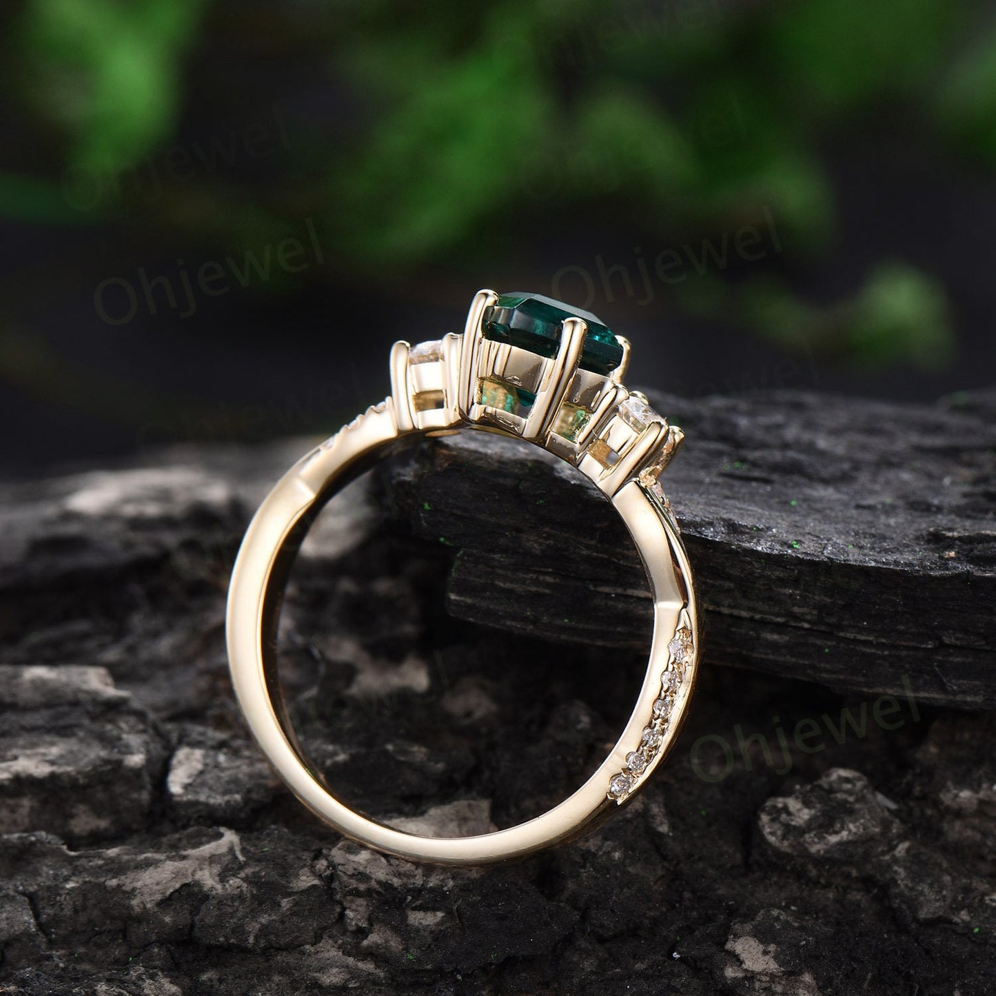 Vintage kite cut green emerald engagement ring solid 14k yellow gold art deco eternity twisted diamond anniversary promise ring women gift