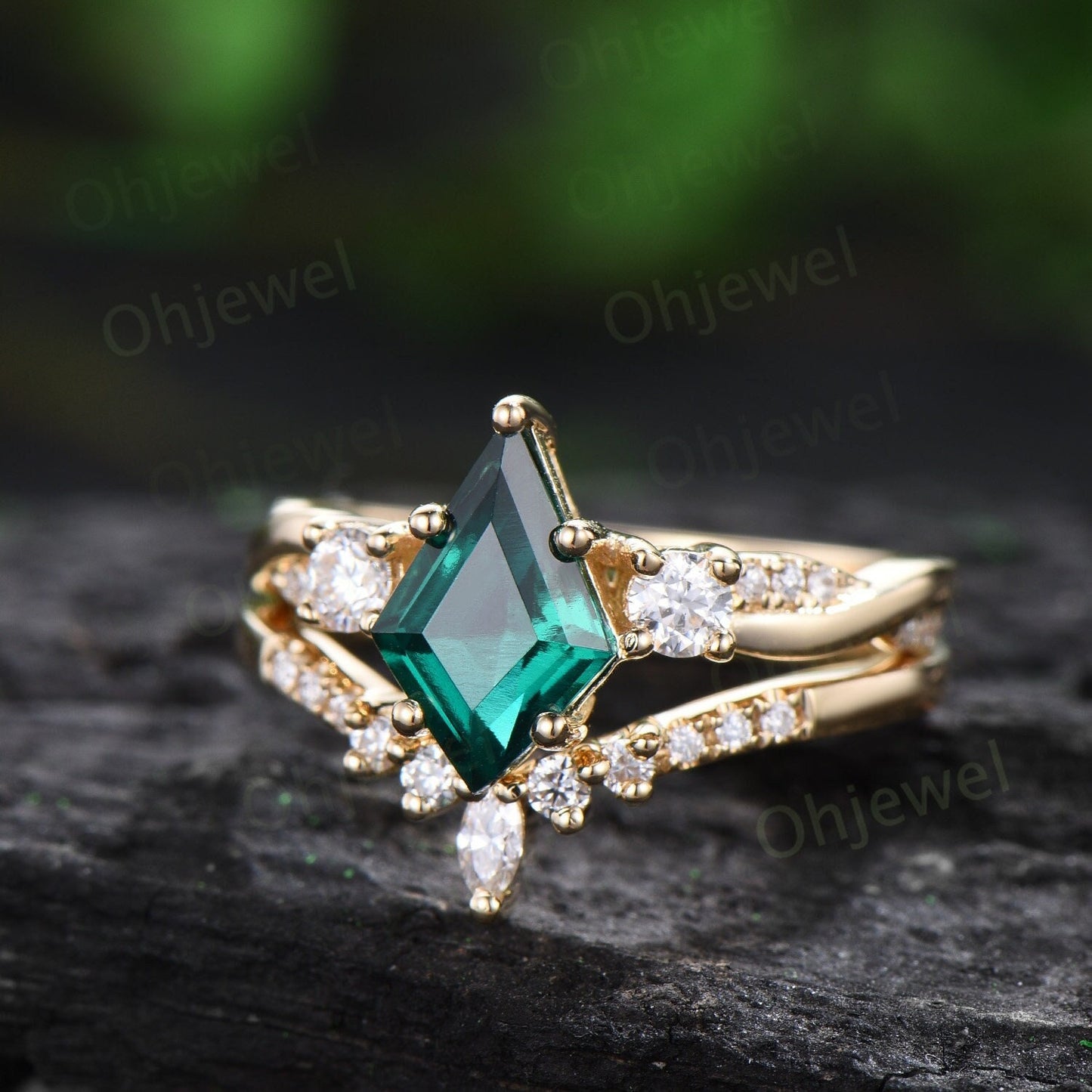Vintage kite cut green emerald engagement ring solid 14k yellow gold art deco eternity twisted diamond anniversary promise ring women gift