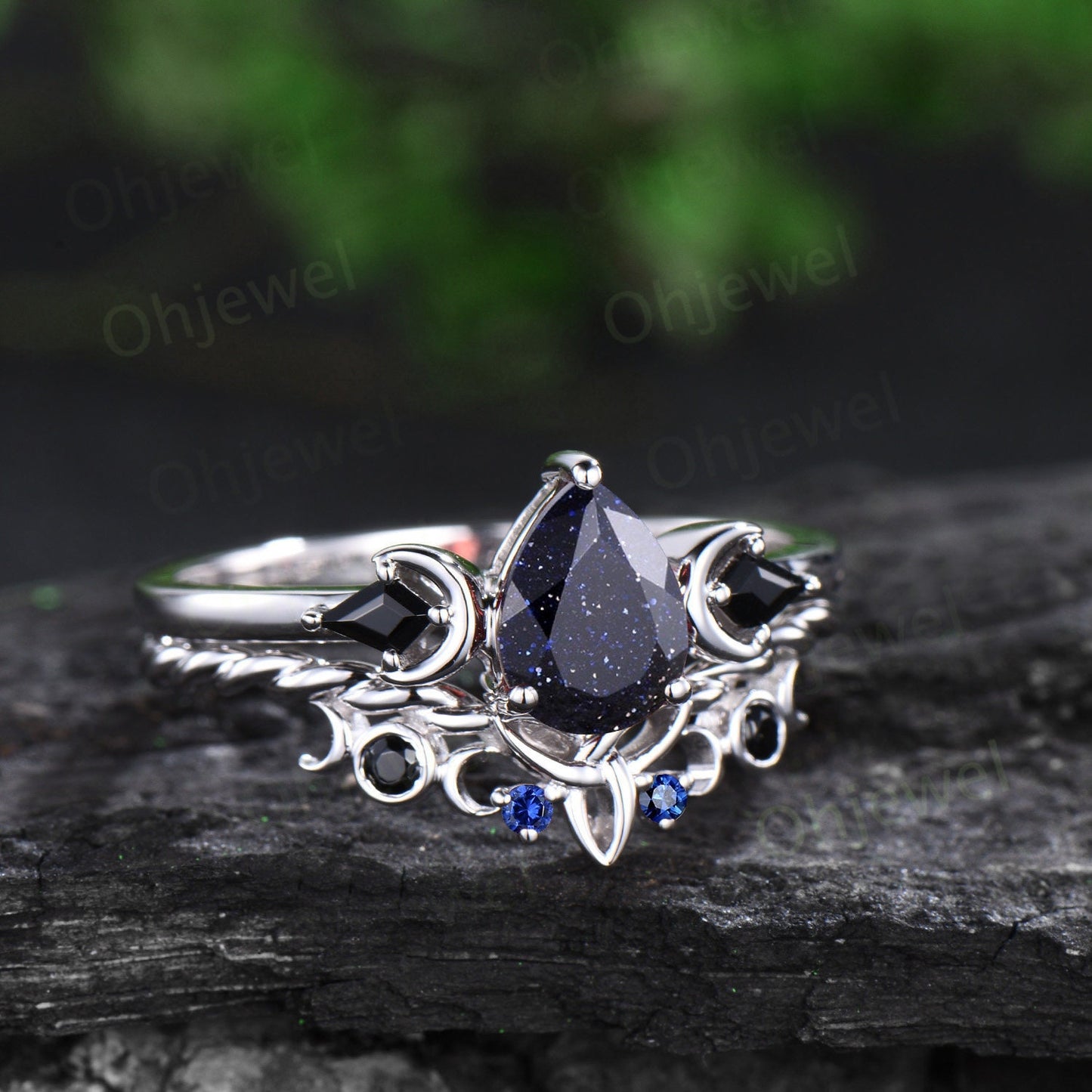 Vintage pear cut blue sandstone engagement ring white gold art deco sapphire moon ring set unique anniversary promise ring set women her