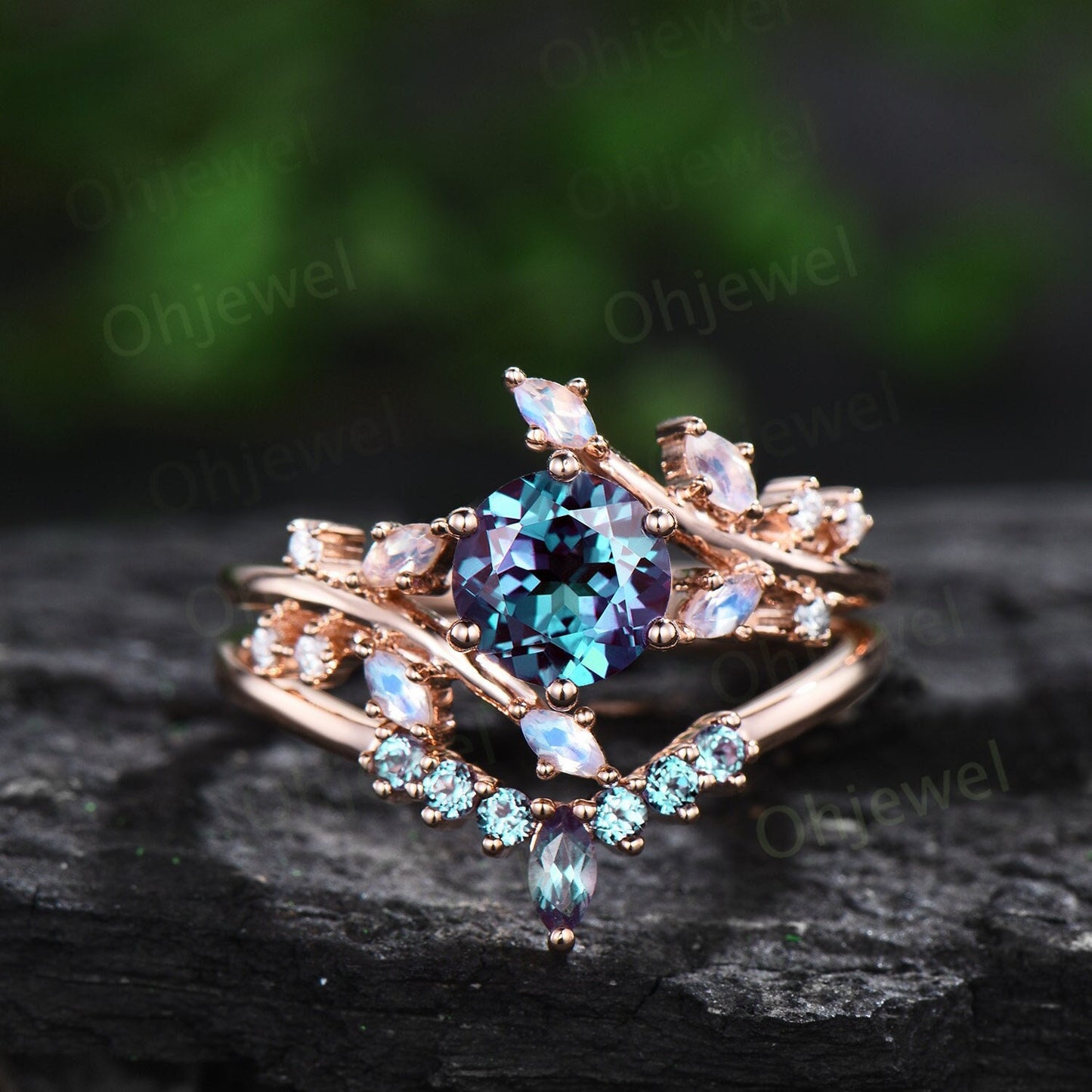 1ct round alexandrite engagement ring leaf cluster rose gold marquise moonstone ring women stacking twisted promise anniversary ring set