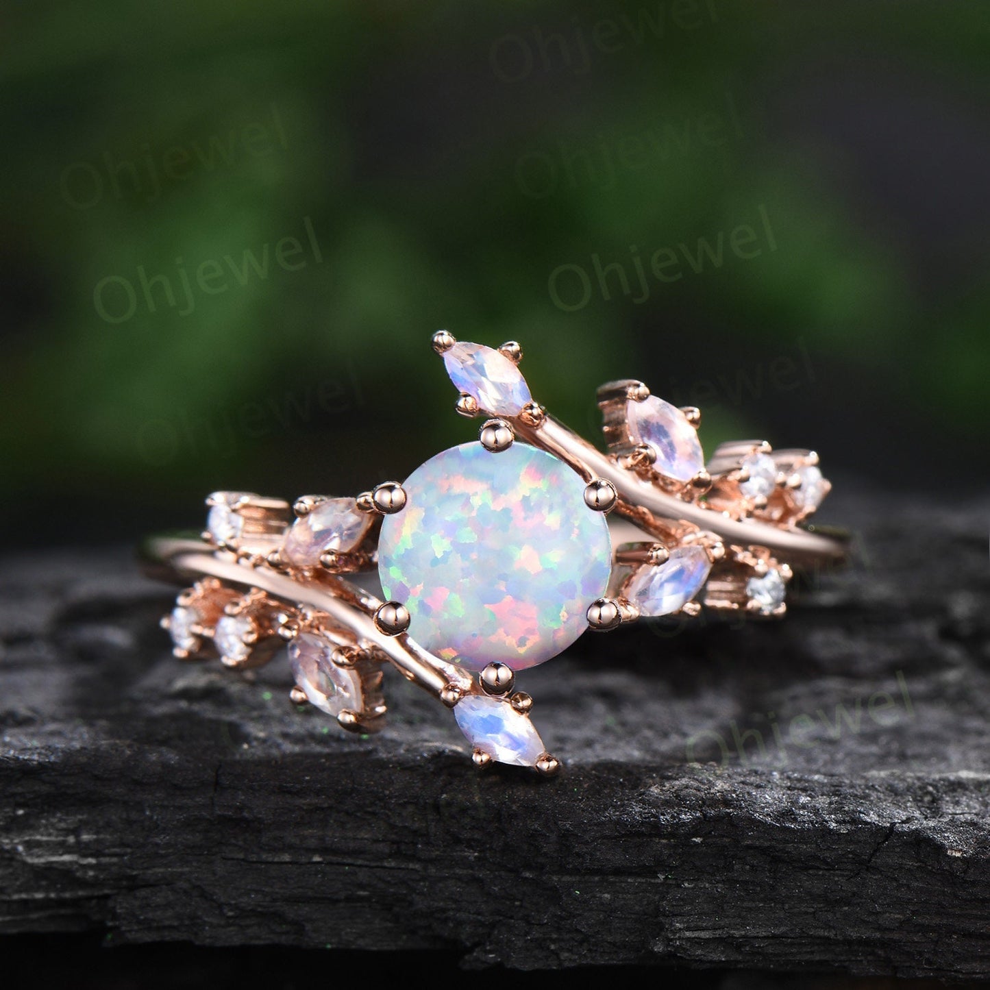 1ct round white opal engagement ring leaf cluster rose gold marquise moonstone ring women stacking twisted promise anniversary ring set