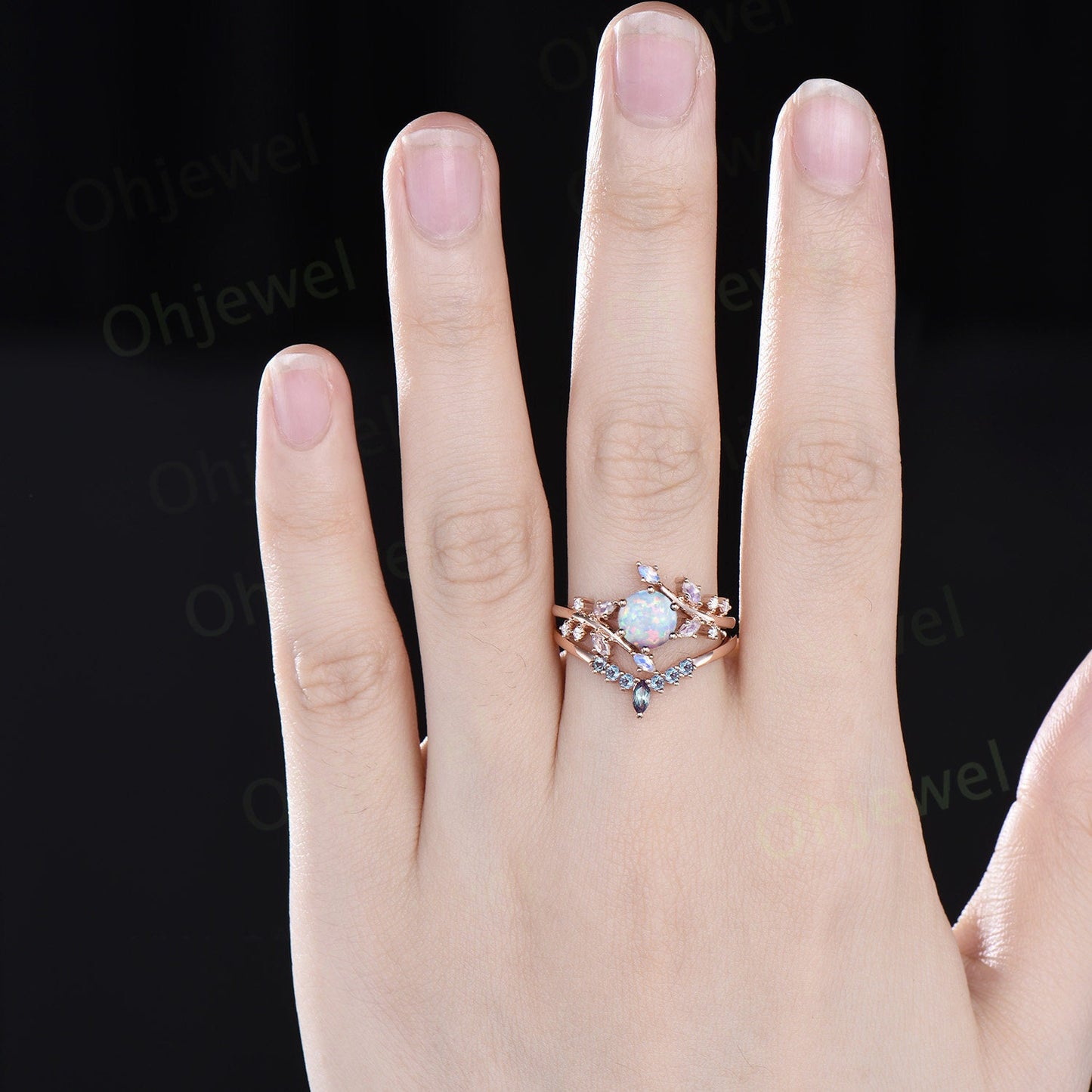 1ct round white opal engagement ring leaf cluster rose gold marquise moonstone ring women stacking twisted promise anniversary ring set