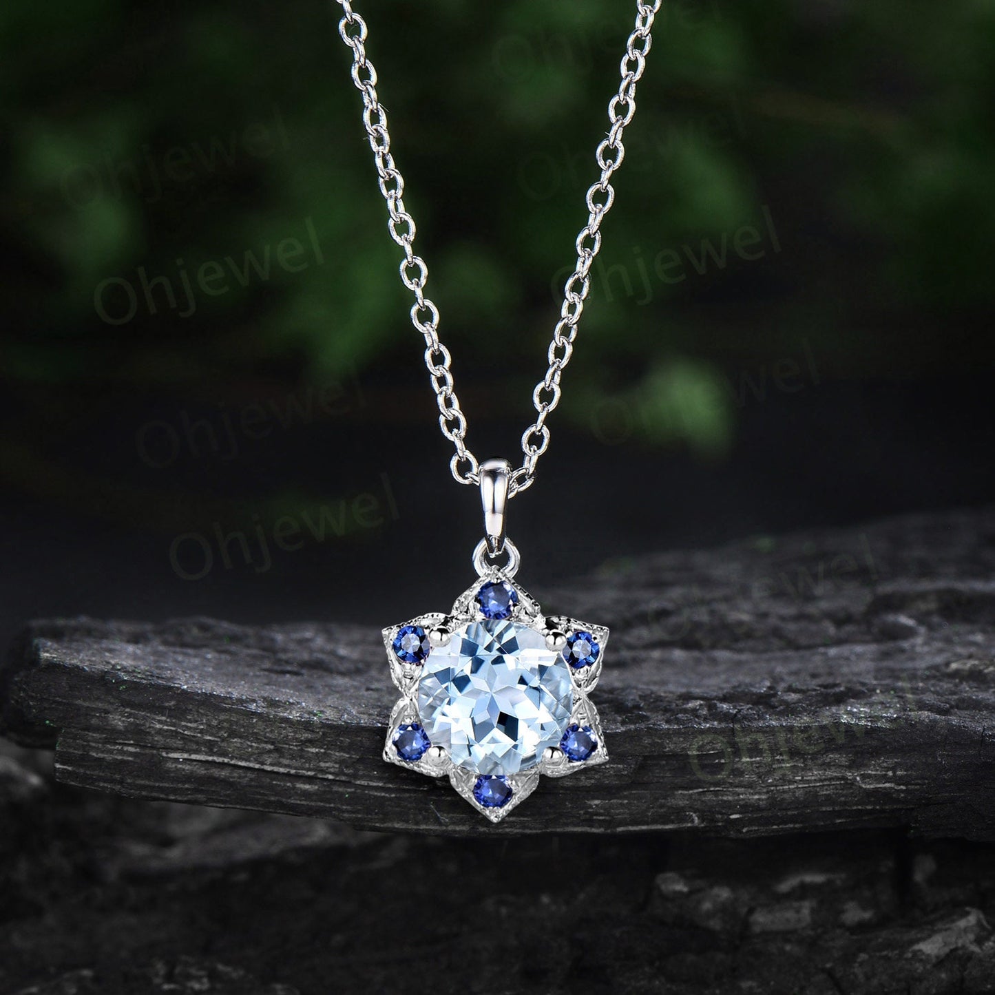 Round natural aquamarine necklace vintage milgrain floral sapphire Pendant women solid 14k rose gold March birthstone anniversary gift her