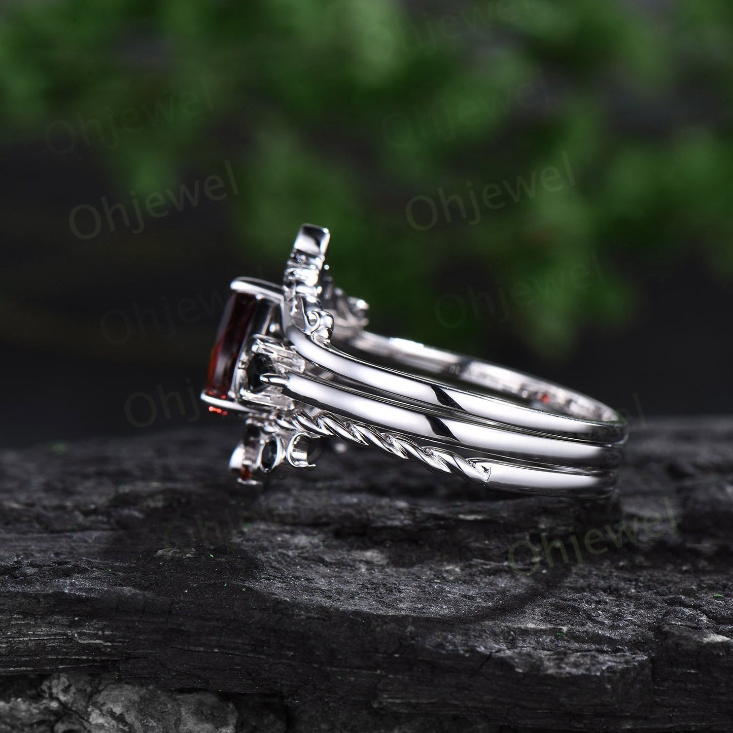 Vintage pear red garnet engagement ring white gold art deco three stone moon ring set black spinel unique anniversary promise ring women her