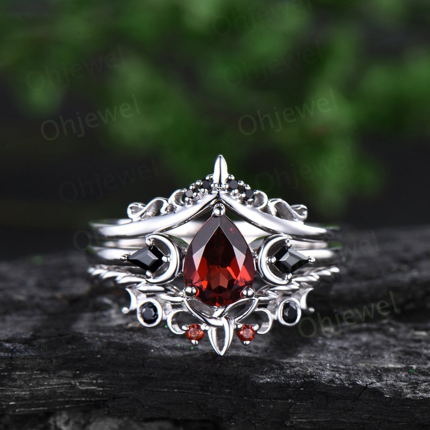 Vintage pear red garnet engagement ring white gold art deco three stone moon ring set black spinel unique anniversary promise ring women her