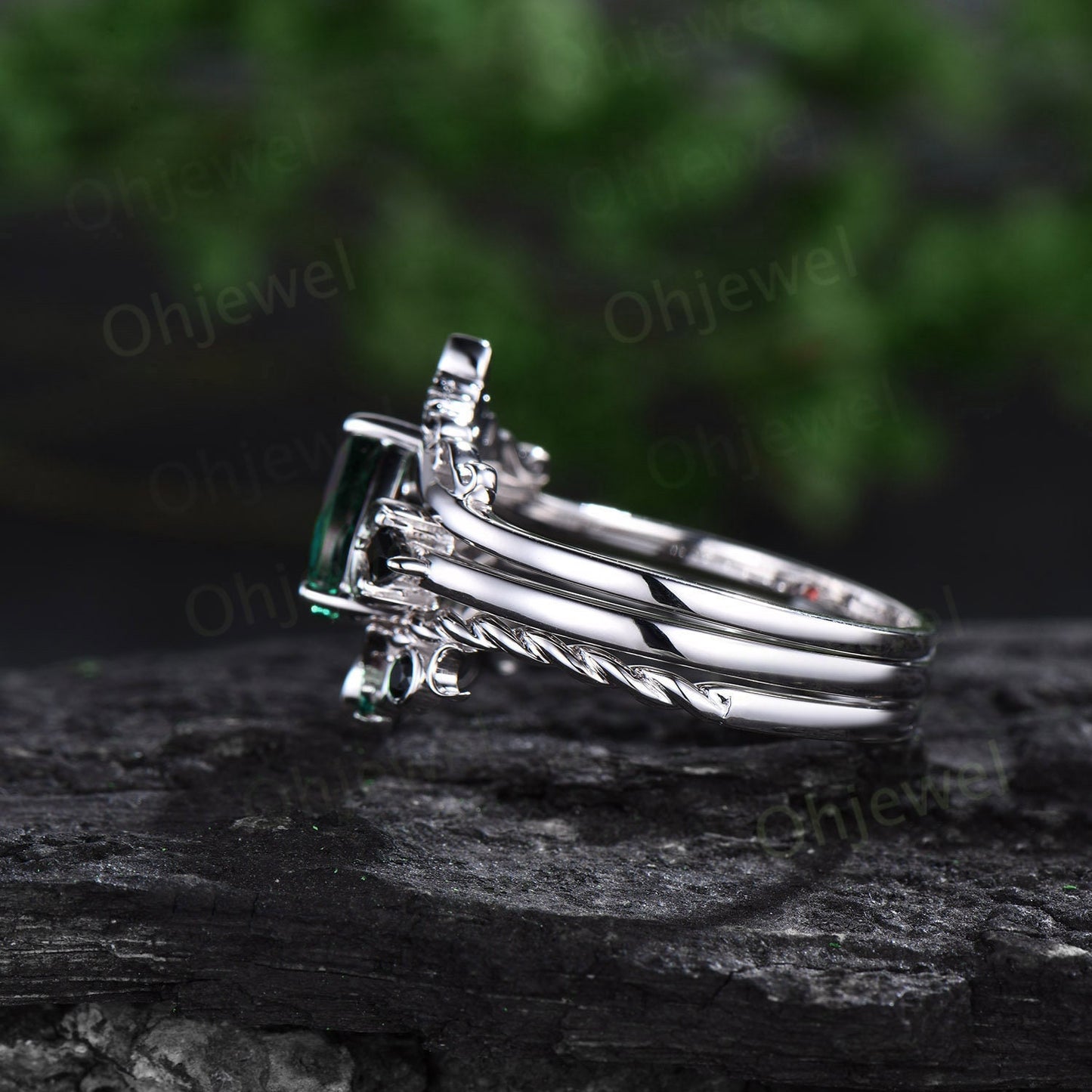 Unique pear shaped emerald engagement ring solid 14k white gold art deco moon ring set kite black spinel wedding bridal ring set women gift