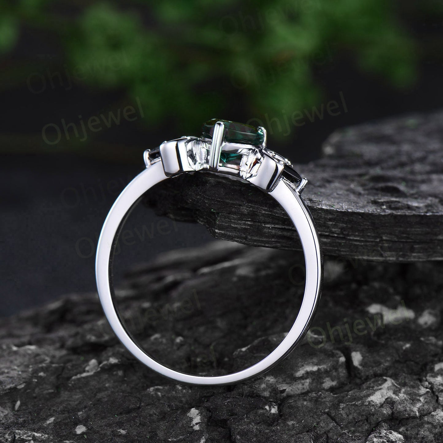 Unique pear shaped emerald engagement ring solid 14k white gold art deco moon ring set kite black spinel wedding bridal ring set women gift