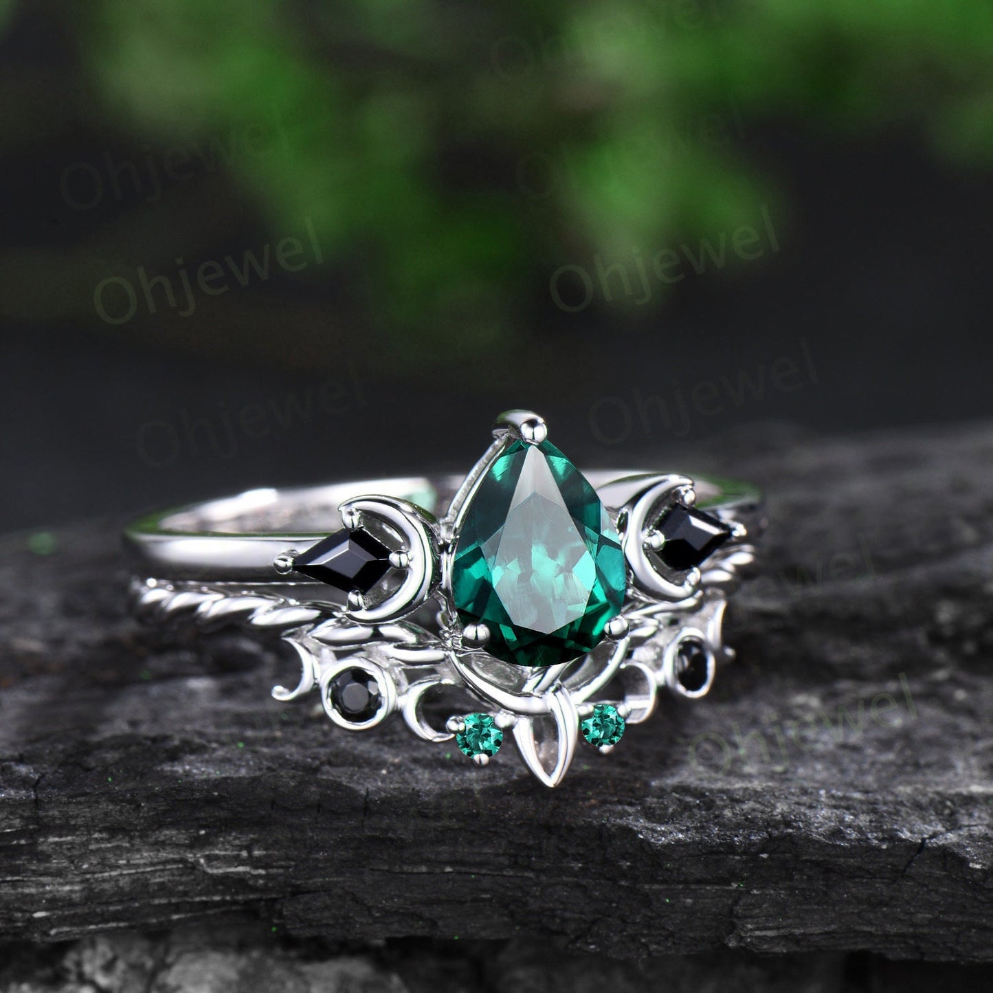Unique pear shaped emerald engagement ring solid 14k white gold art deco moon ring set kite black spinel wedding bridal ring set women gift