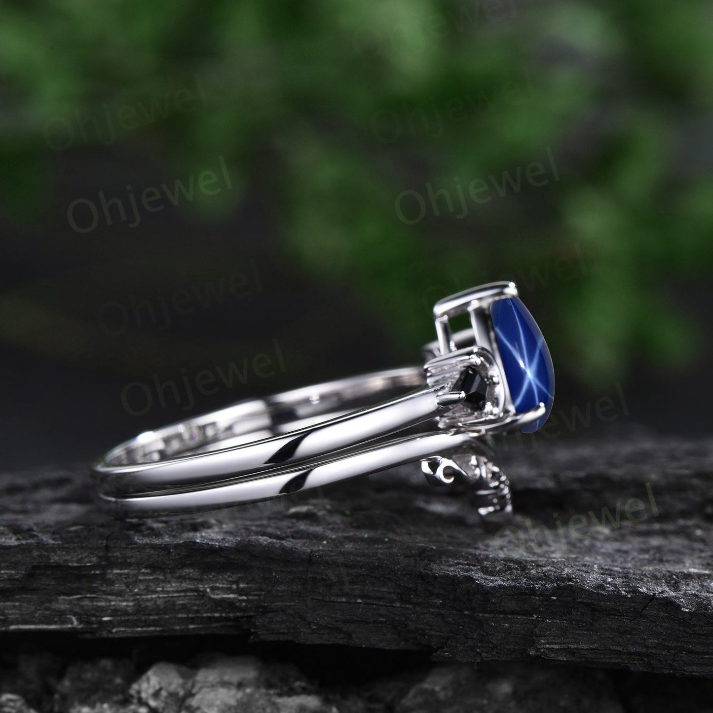 Pear shaped star sapphire ring vintage three stone kite black spinel moon ring white gold unique engagement ring antique bridal set women