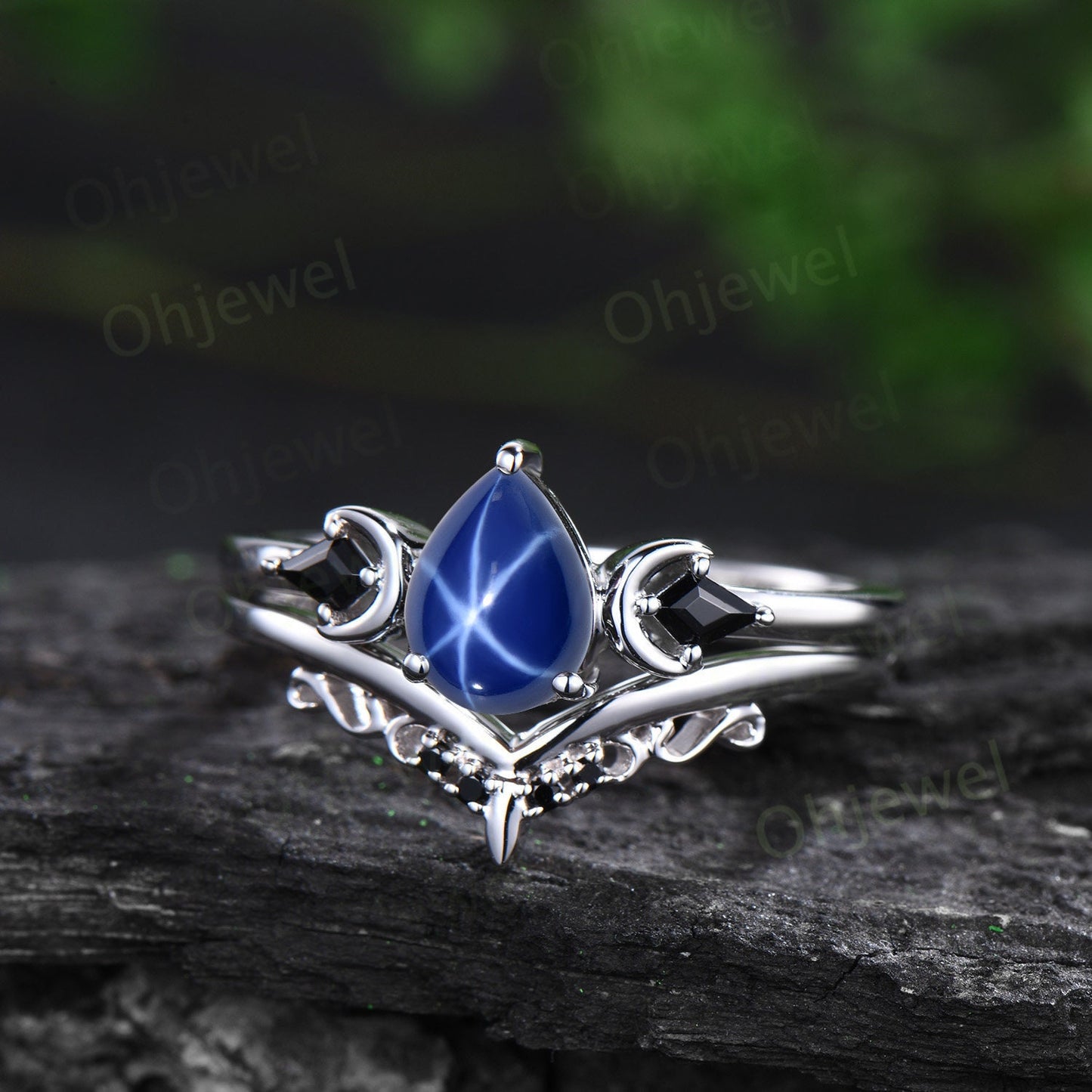 Pear shaped star sapphire ring vintage three stone kite black spinel moon ring white gold unique engagement ring antique bridal set women