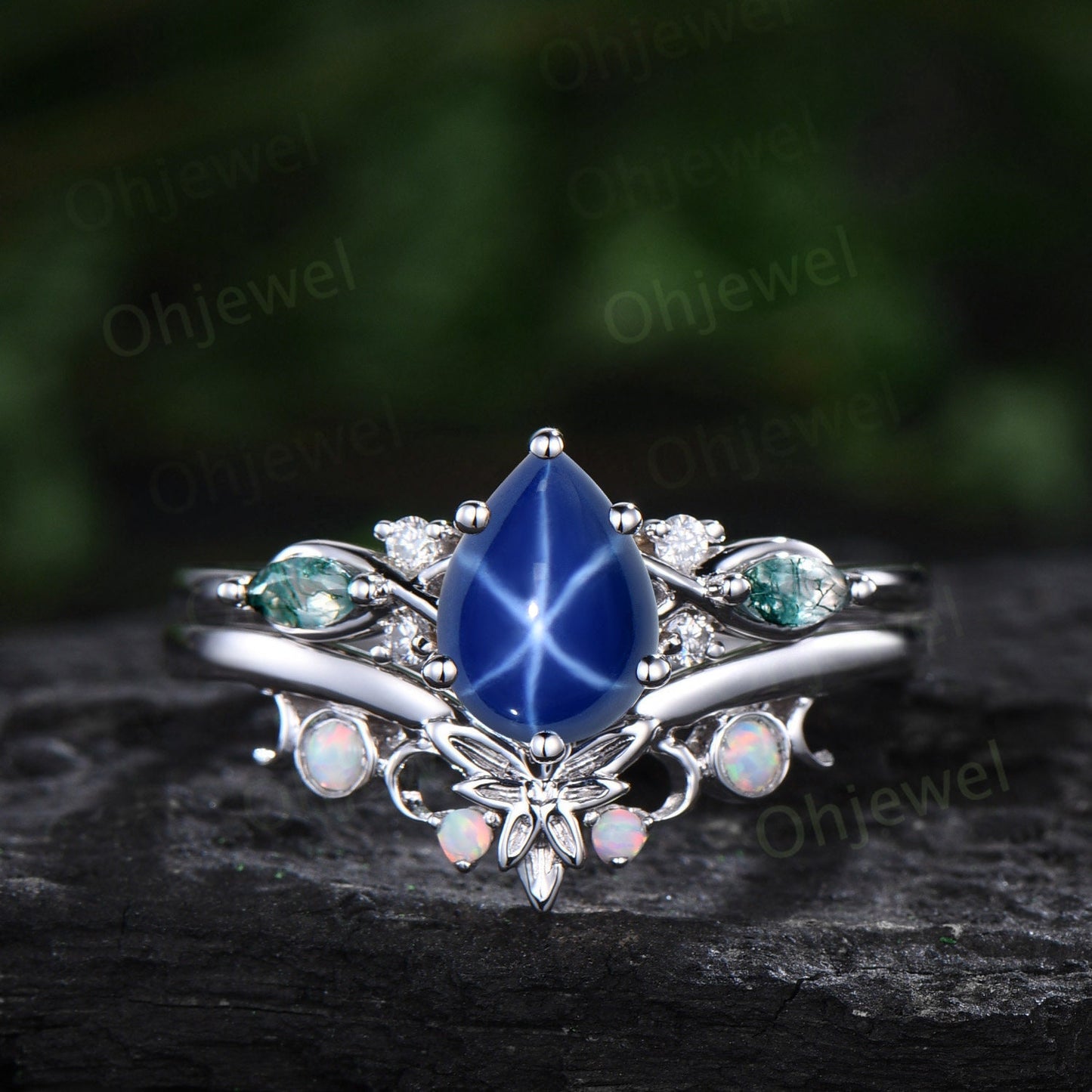 Vintage pear star sapphire engagement ring set art deco solid 14k white gold moss agate opal ring women moon Celtic knot bridal ring set