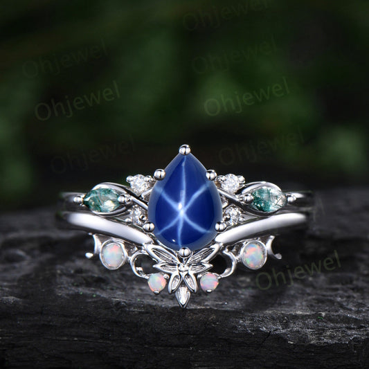Vintage pear star sapphire engagement ring set art deco solid 14k white gold moss agate opal ring women moon Celtic knot bridal ring set