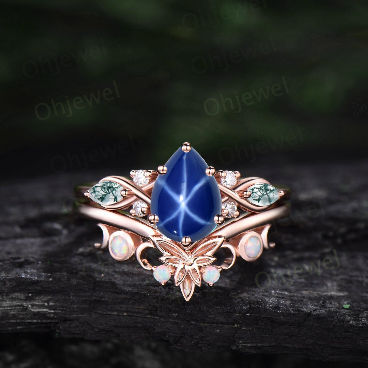 Vintage pear star sapphire engagement ring set art deco solid 14k white gold moss agate opal ring women moon Celtic knot bridal ring set