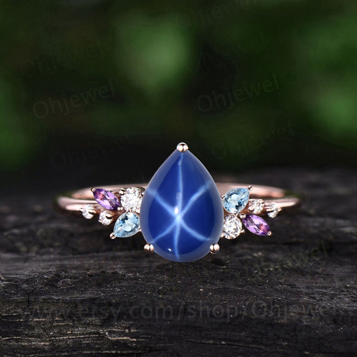 Unique pear star sapphire engagement ring solid 14k yellow gold cluster snowdrift amethyst topaz diamond bridal anniversary ring women