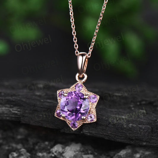Vintage round purple amethyst necklace art deco milgrain floral unique Pendant women solid 14k rose gold crystal anniversary gift for her