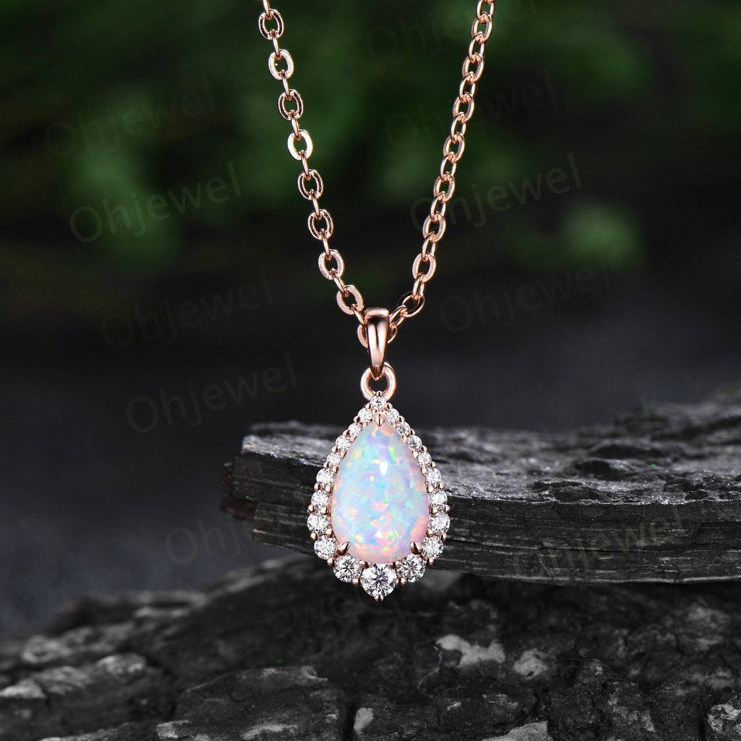 Pear cut white opal necklace snowdrift halo diamond moissanite Pendant women 14k rose gold October birthstone anniversary gift jewelry