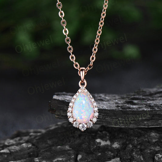 Pear cut white opal necklace snowdrift halo diamond moissanite Pendant women 14k rose gold October birthstone anniversary gift jewelry
