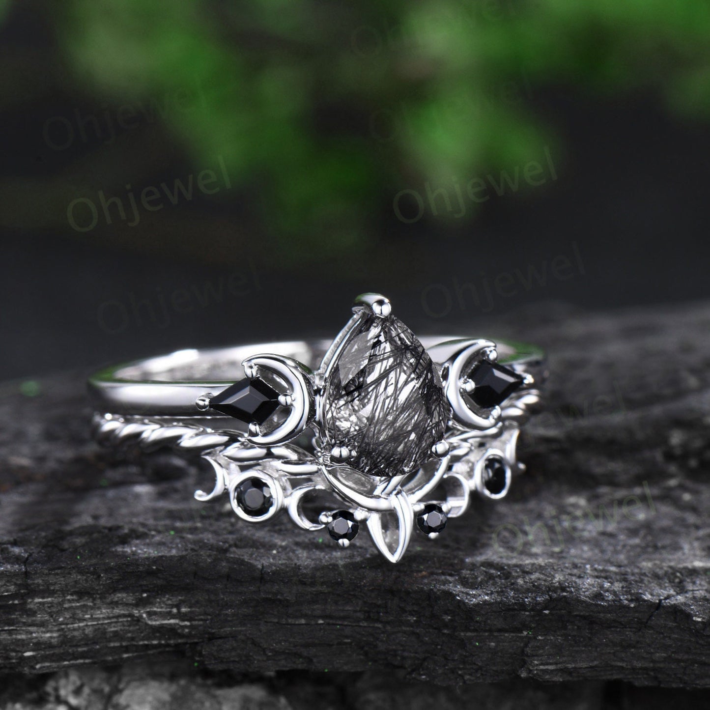 Vintage pear black rutilated quartz engagement ring white gold art deco moon ring set black stone unique anniversary promise ring women her