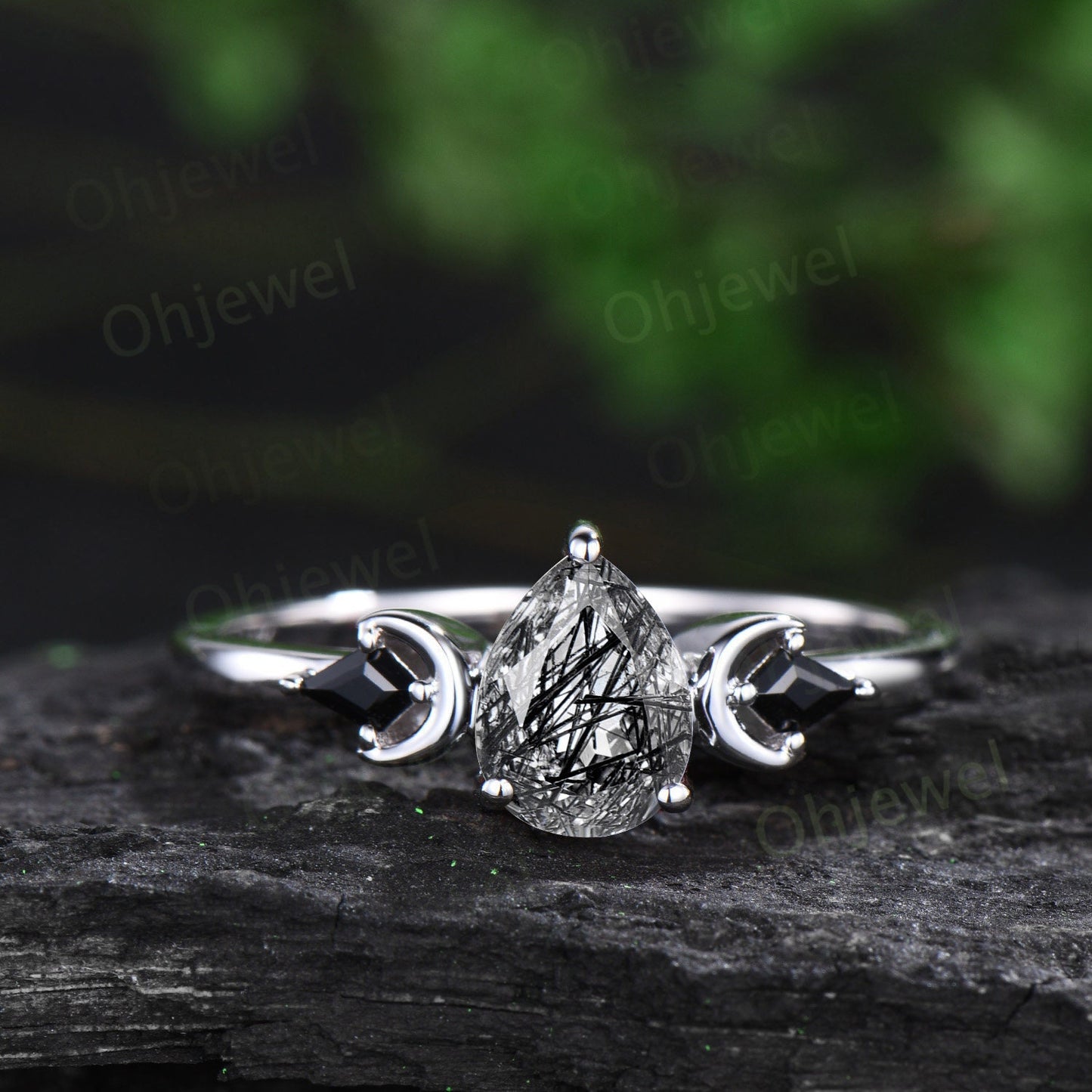 Vintage pear black rutilated quartz engagement ring white gold art deco moon ring set black stone unique anniversary promise ring women her