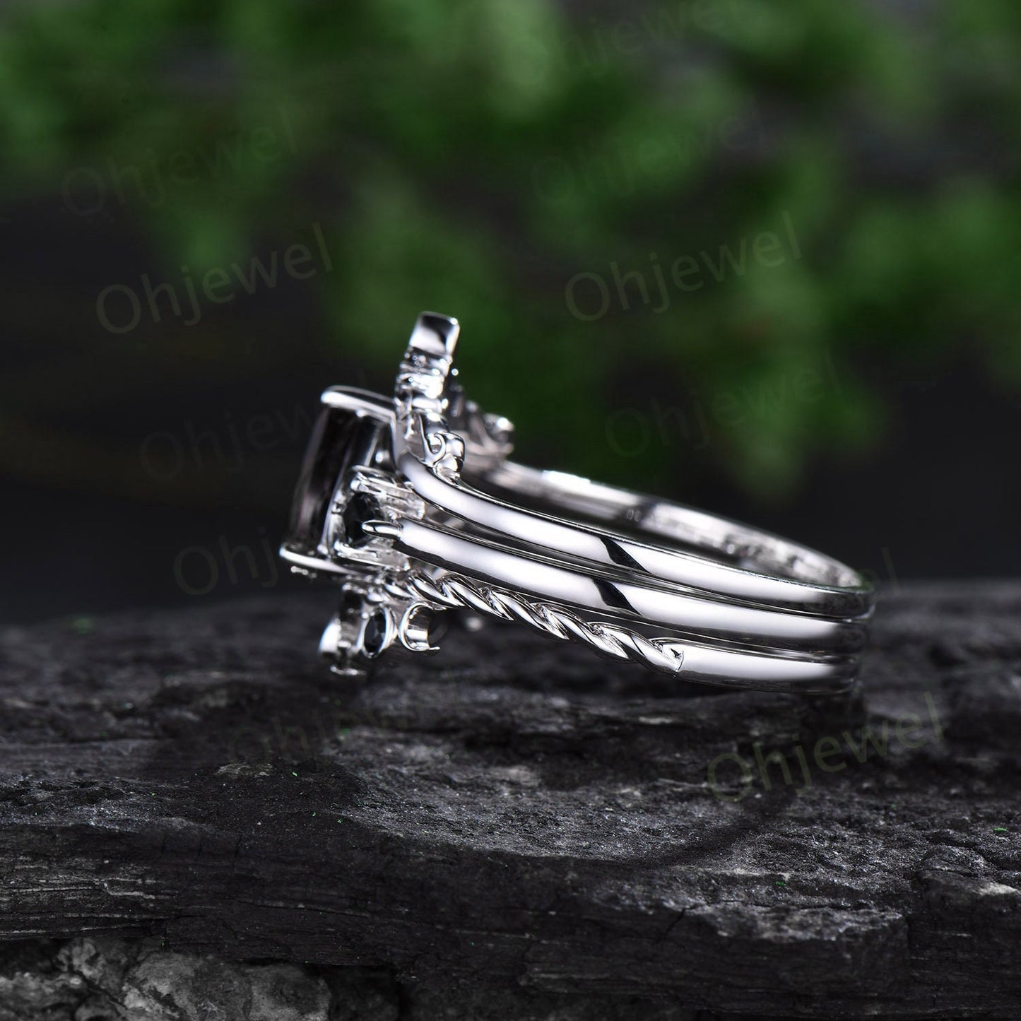 Vintage pear black rutilated quartz engagement ring white gold art deco moon ring set black stone unique anniversary promise ring women her