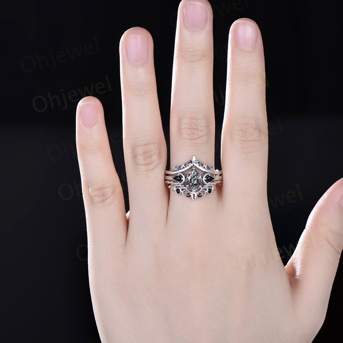 Vintage pear black rutilated quartz engagement ring white gold art deco moon ring set black stone unique anniversary promise ring women her