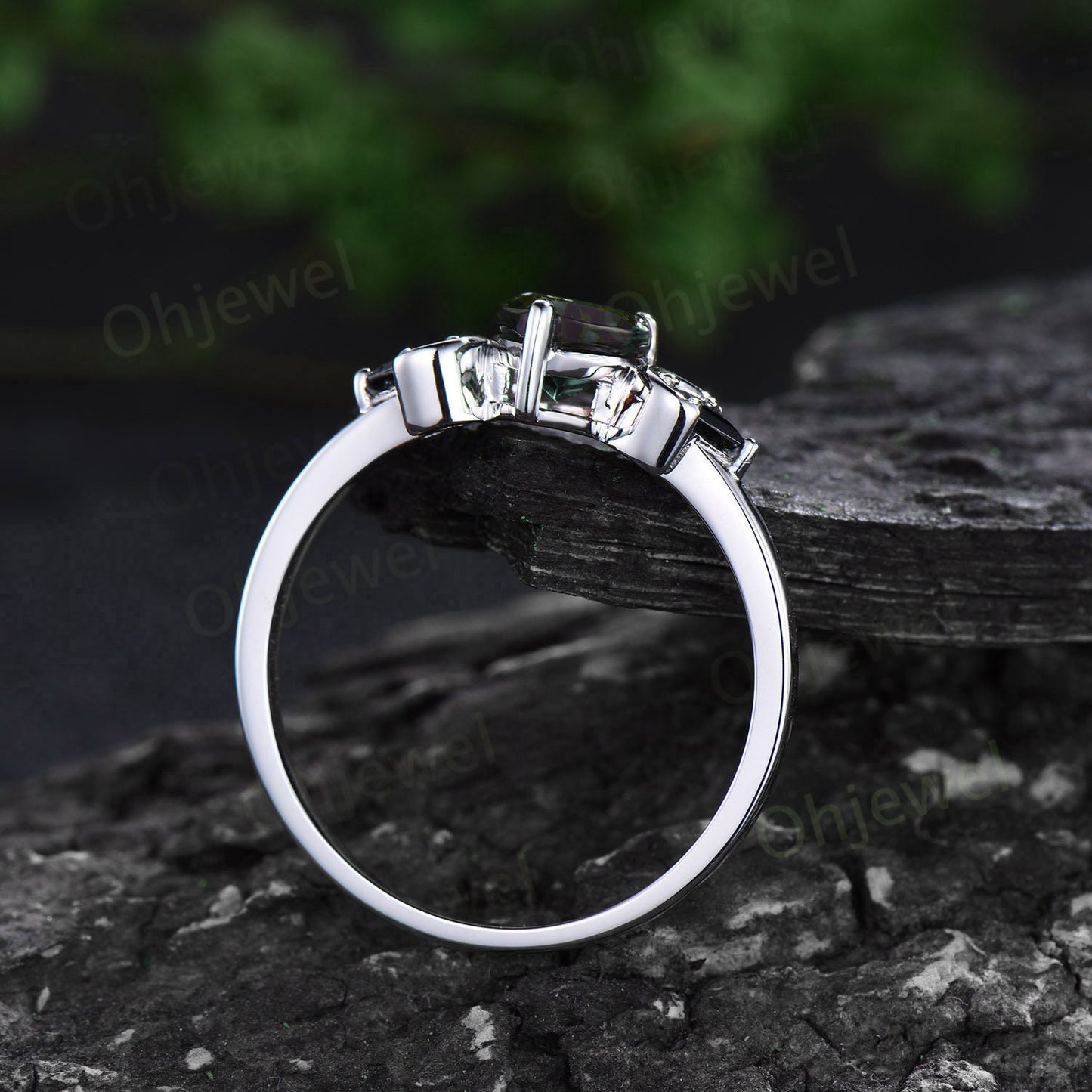 Three stone kite pear green moss agate engagement ring solid 14k white gold vintage black diamond moon bridal promise ring women jewelry