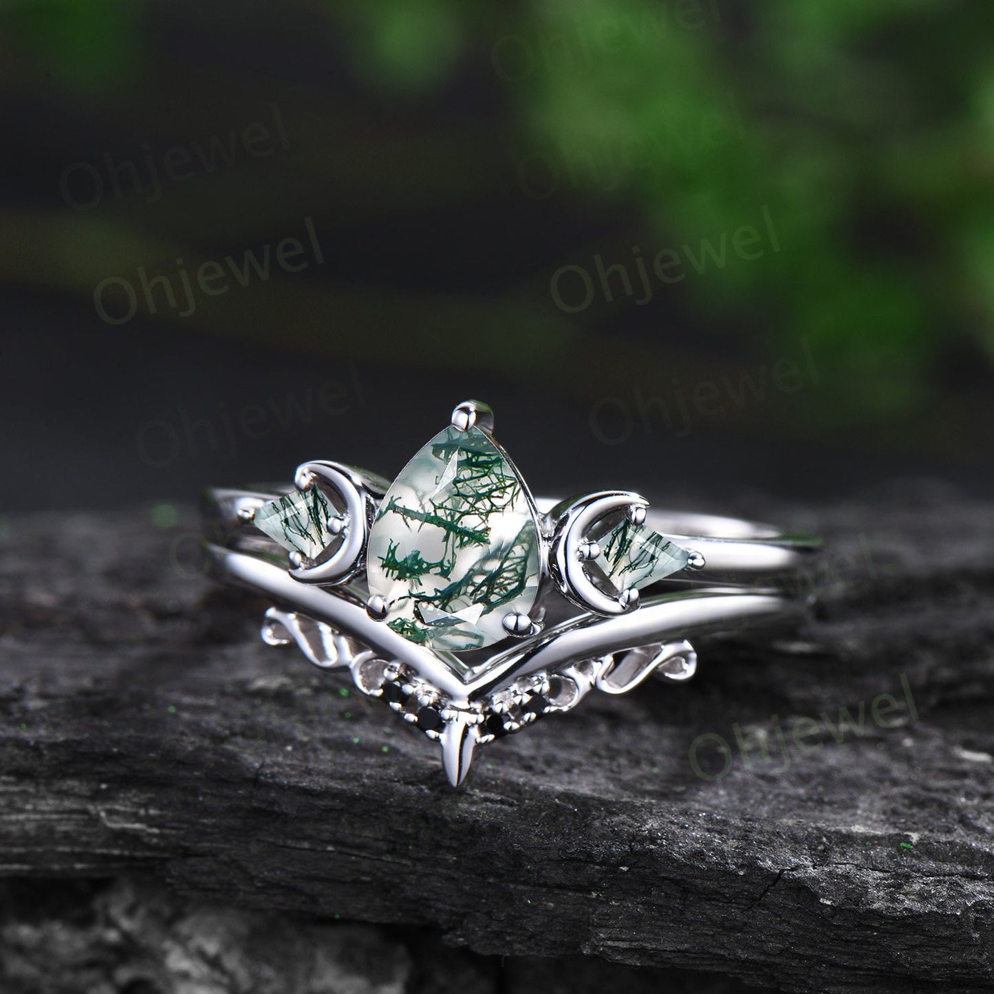 Three stone kite pear green moss agate engagement ring solid 14k white gold vintage black diamond moon bridal promise ring women jewelry