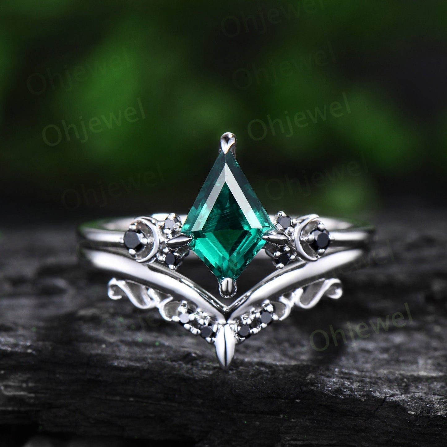 Moon black diamond ring vintage kite cut green emerald engagement ring set solid 14k white gold unique anniversary wedding ring set women