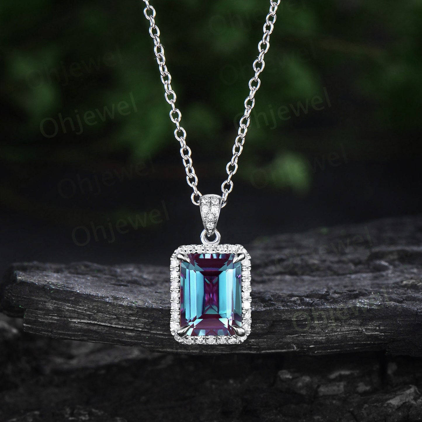 3ct emerald cut alexandrite necklace solid 14k rose gold unique halo diamond Pendant women Personalized antique anniversary gift her