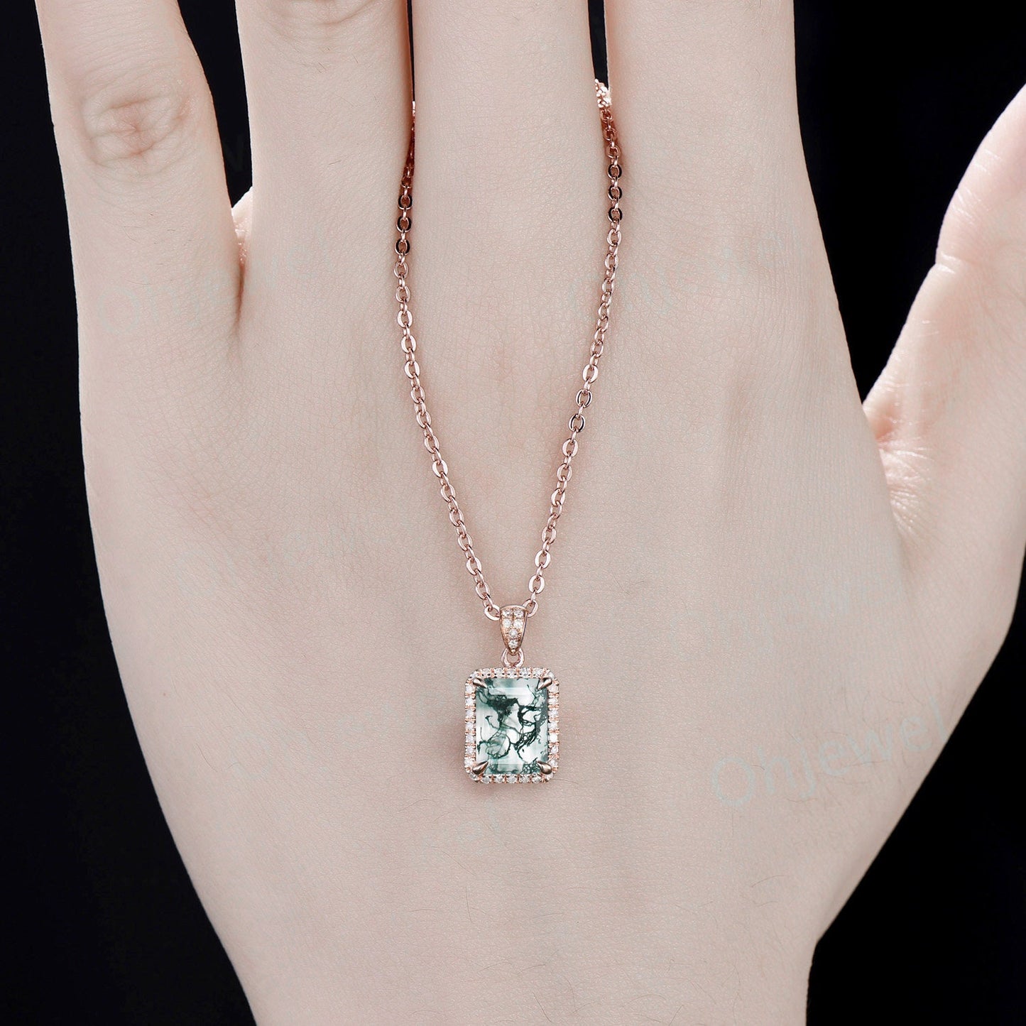 7x9mm emerald cut green moss agate necklace solid 14k rose gold unique halo diamond Pendant women Personalized antique anniversary gift her