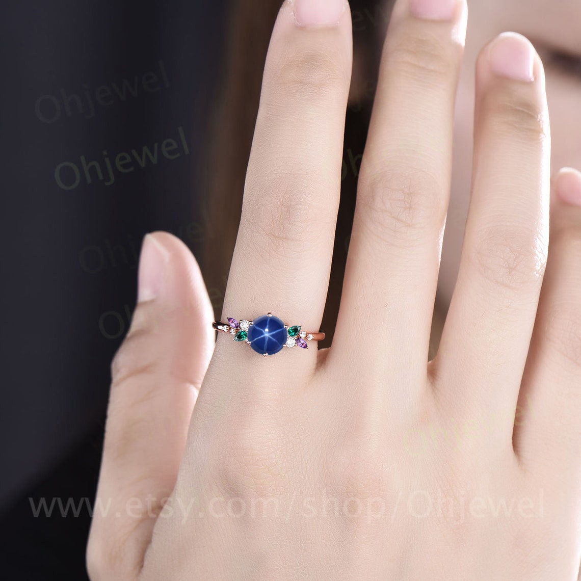 Round star sapphire ring vintage amethyst emerald ring rose gold unique cluster snowdrift engagement ring unique anniversary ring women gift