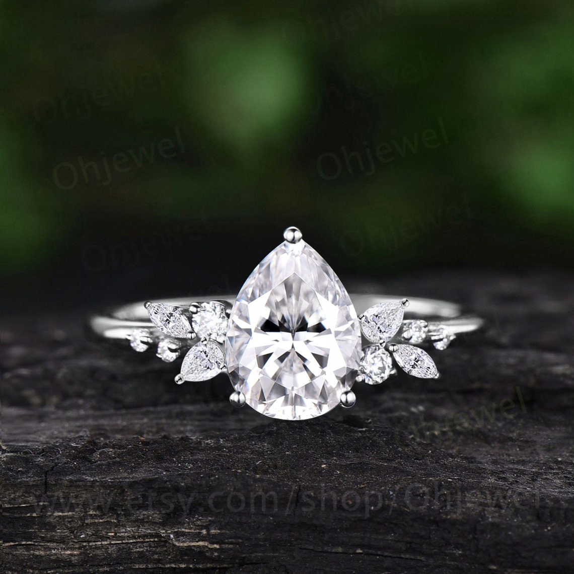 Unique pear shaped moissanite engagement ring solid 14k rose gold cluster snowdrift diamond bridal promise wedding anniversary ring women