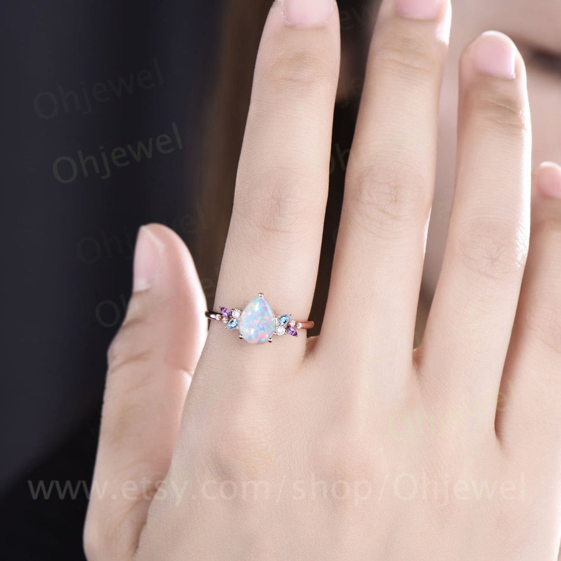 Unique pear shaped white opal engagement ring solid 14k rose gold cluster snowdrift amethyst topaz diamond bridal anniversary ring women