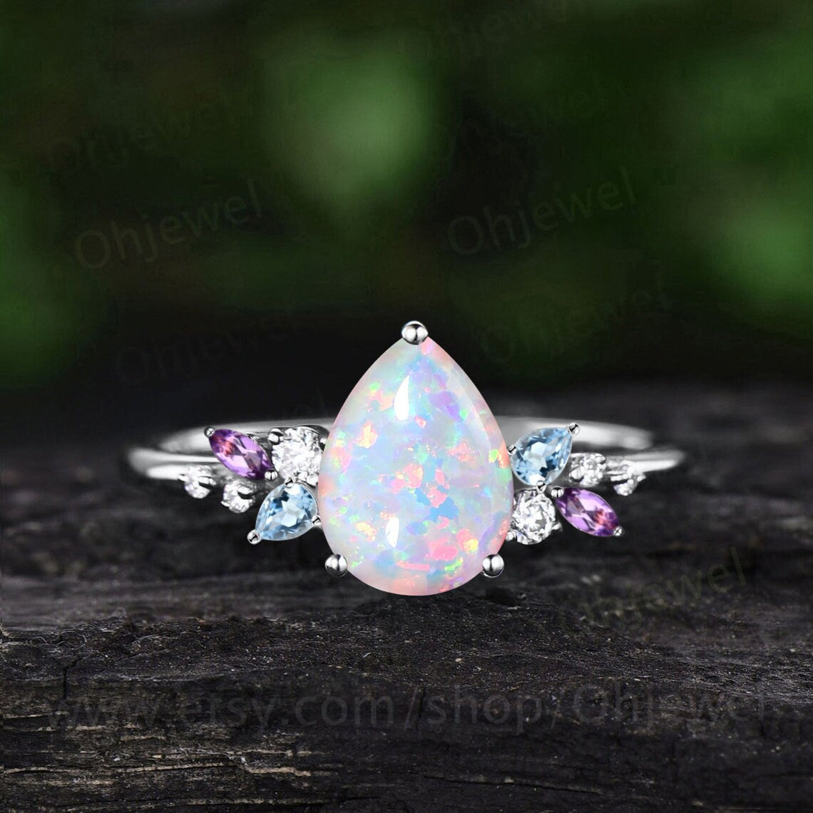 Unique pear shaped white opal engagement ring solid 14k rose gold cluster snowdrift amethyst topaz diamond bridal anniversary ring women