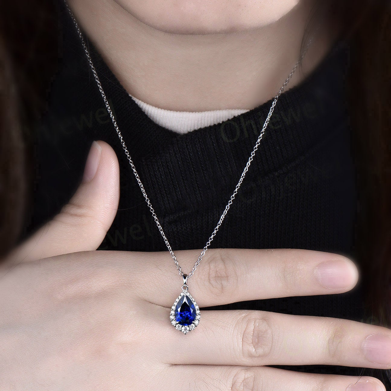 Pear cut blue sapphire necklace snowdrift halo diamond moissanite Pendant women 14k rose gold September birthstone anniversary gift jewelry