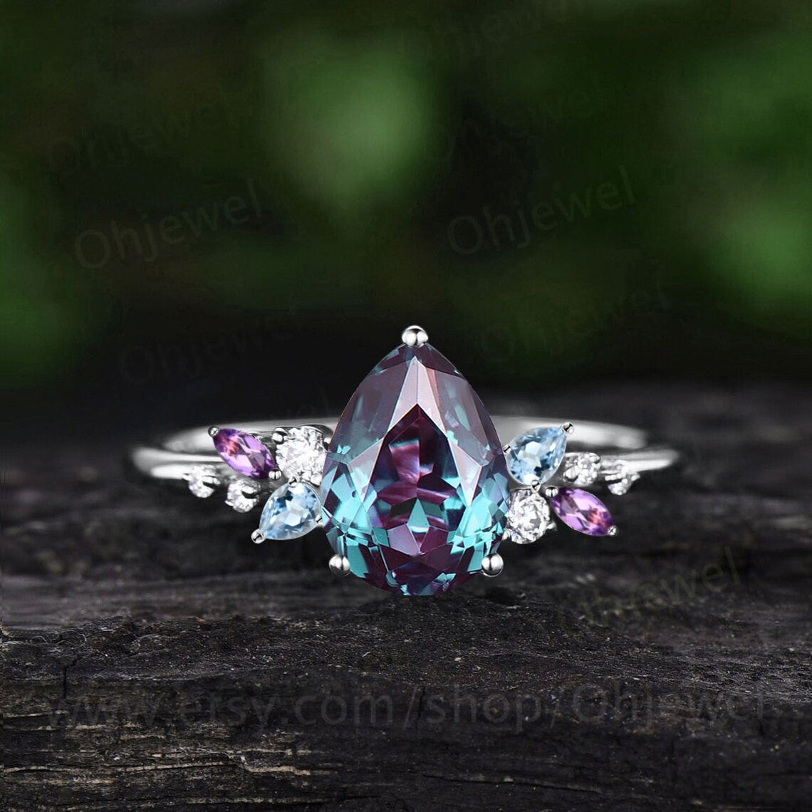 Unique pear shaped alexandrite engagement ring solid 14k rose gold cluster snowdrift amethyst topaz diamond bridal anniversary ring women