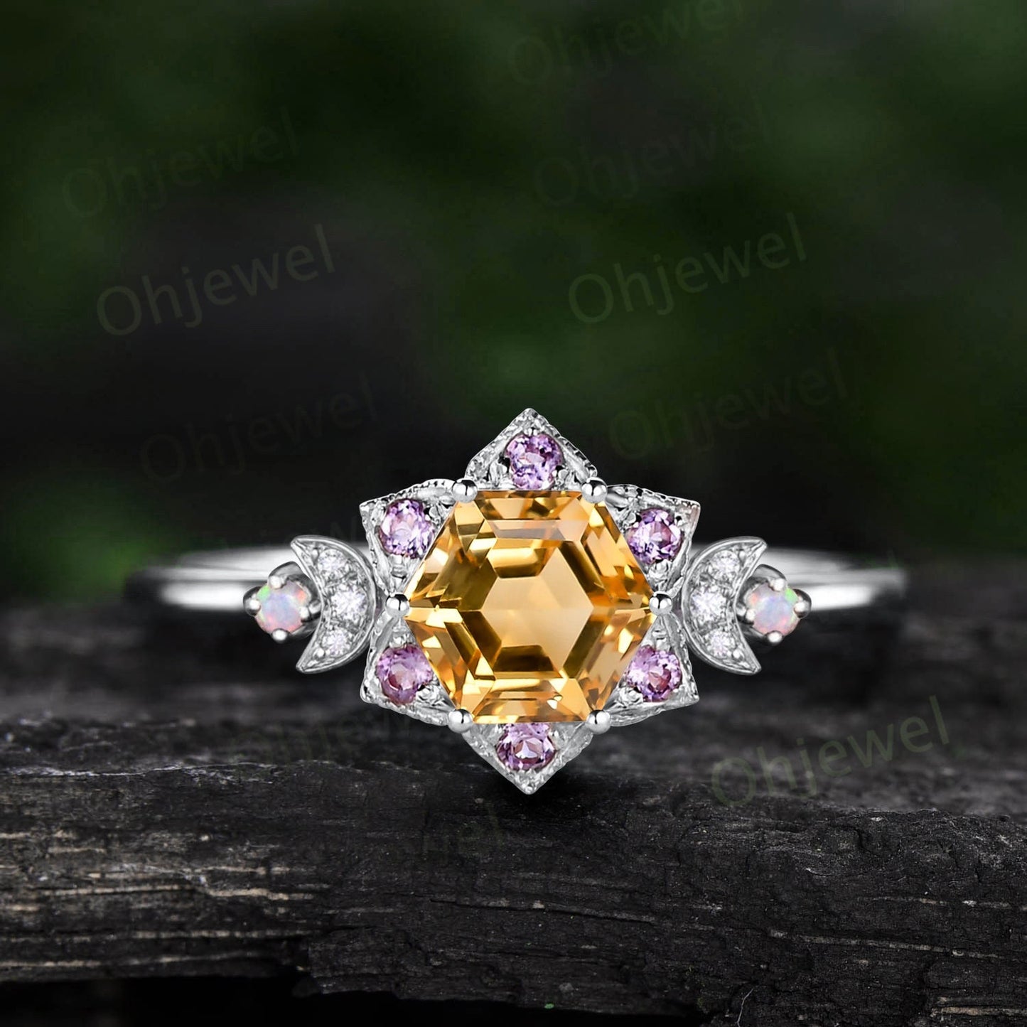 Vintage Hexagon citrine engagement ring yellow gold milgrain floral moon amethyst diamond ring women unique wedding anniversary ring gift