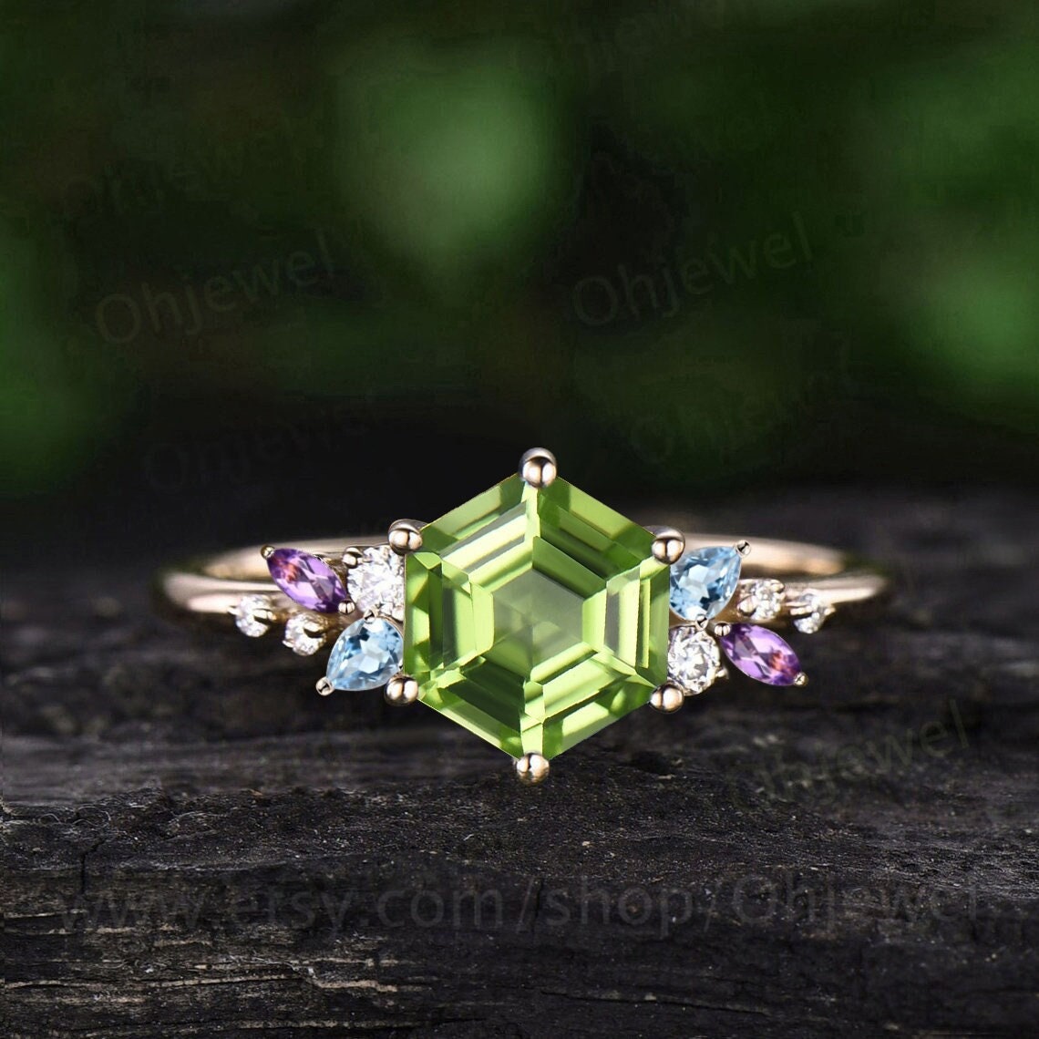 Unique Hexagon cut peridot engagement ring solid 14k yellow gold cluster snowdrift amethyst topaz diamond bridal anniversary ring women