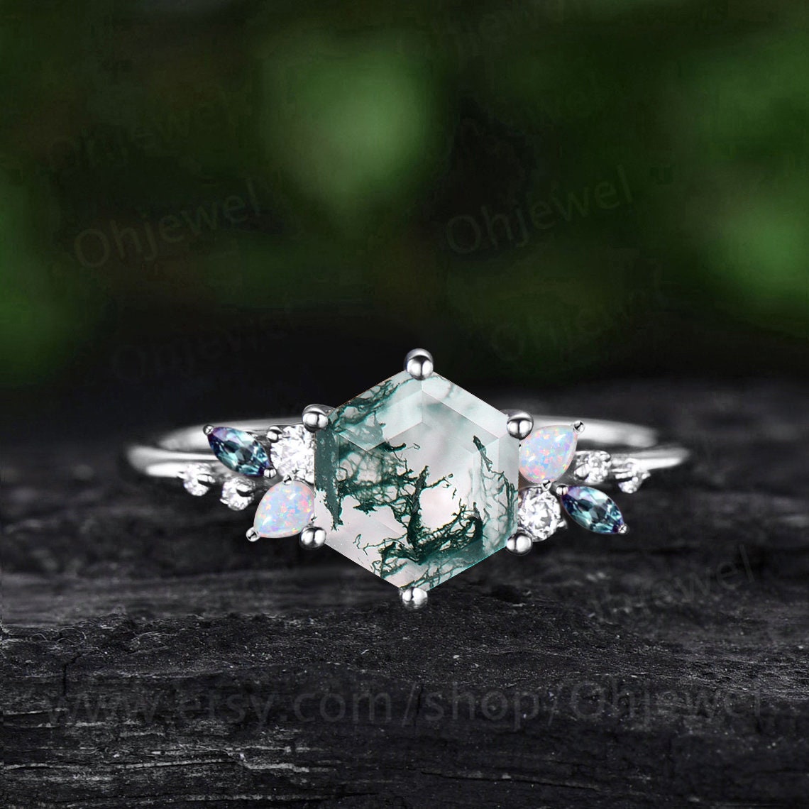 Hexagon cut green moss agate engagement ring solid 14k rose gold cluster snowdrift opal alexandrite diamond wedding anniversary ring women