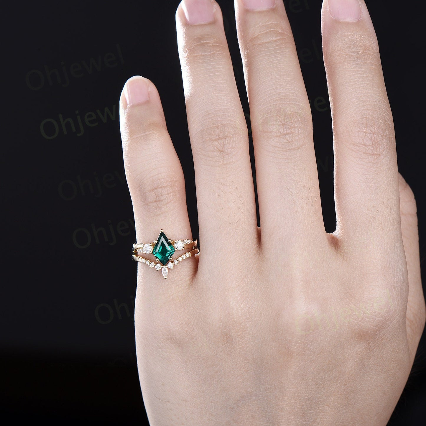 Vintage kite cut green emerald engagement ring solid 14k yellow gold art deco eternity twisted diamond anniversary promise ring women gift
