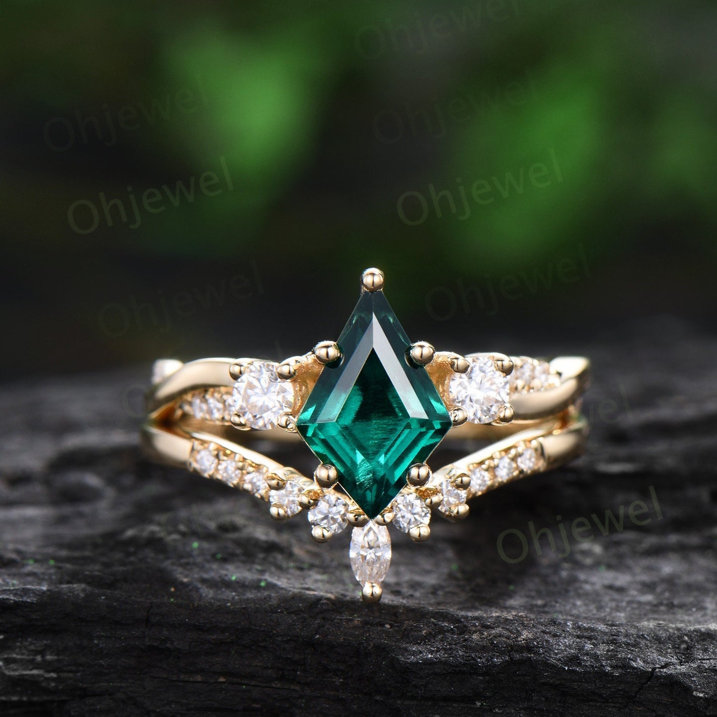 Vintage kite cut green emerald engagement ring solid 14k yellow gold art deco eternity twisted diamond anniversary promise ring women gift