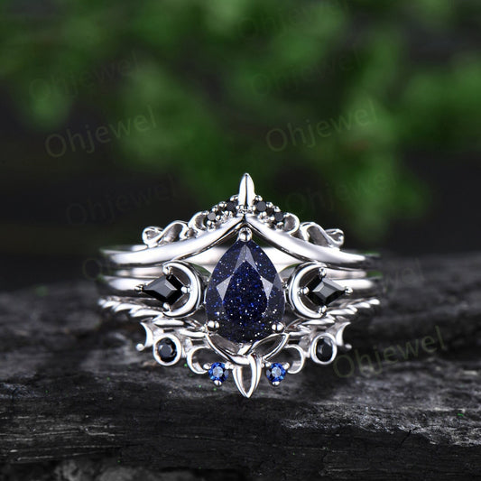 Vintage pear cut blue sandstone engagement ring white gold art deco sapphire moon ring set unique anniversary promise ring set women her