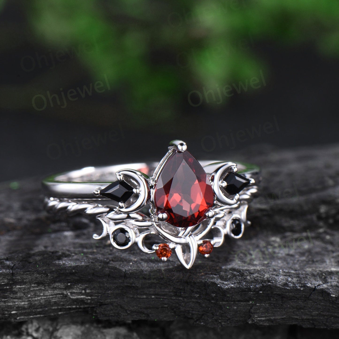 Vintage pear red garnet engagement ring white gold art deco three stone moon ring set black spinel unique anniversary promise ring women her