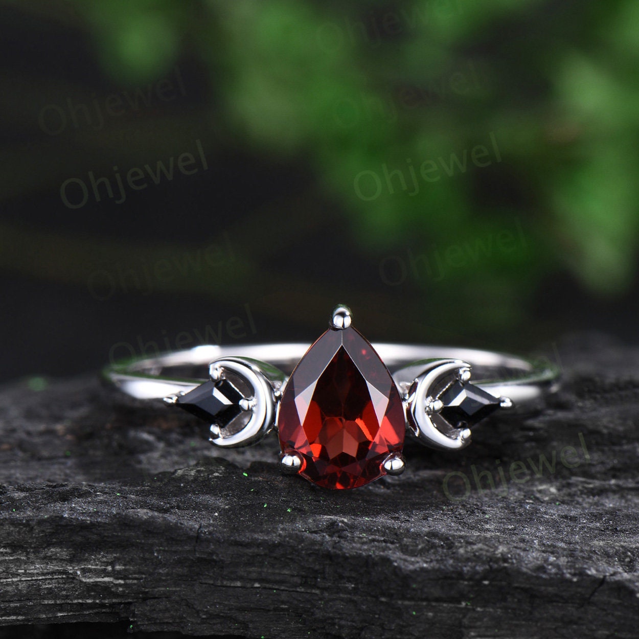 Vintage pear red garnet engagement ring white gold art deco three stone moon ring set black spinel unique anniversary promise ring women her