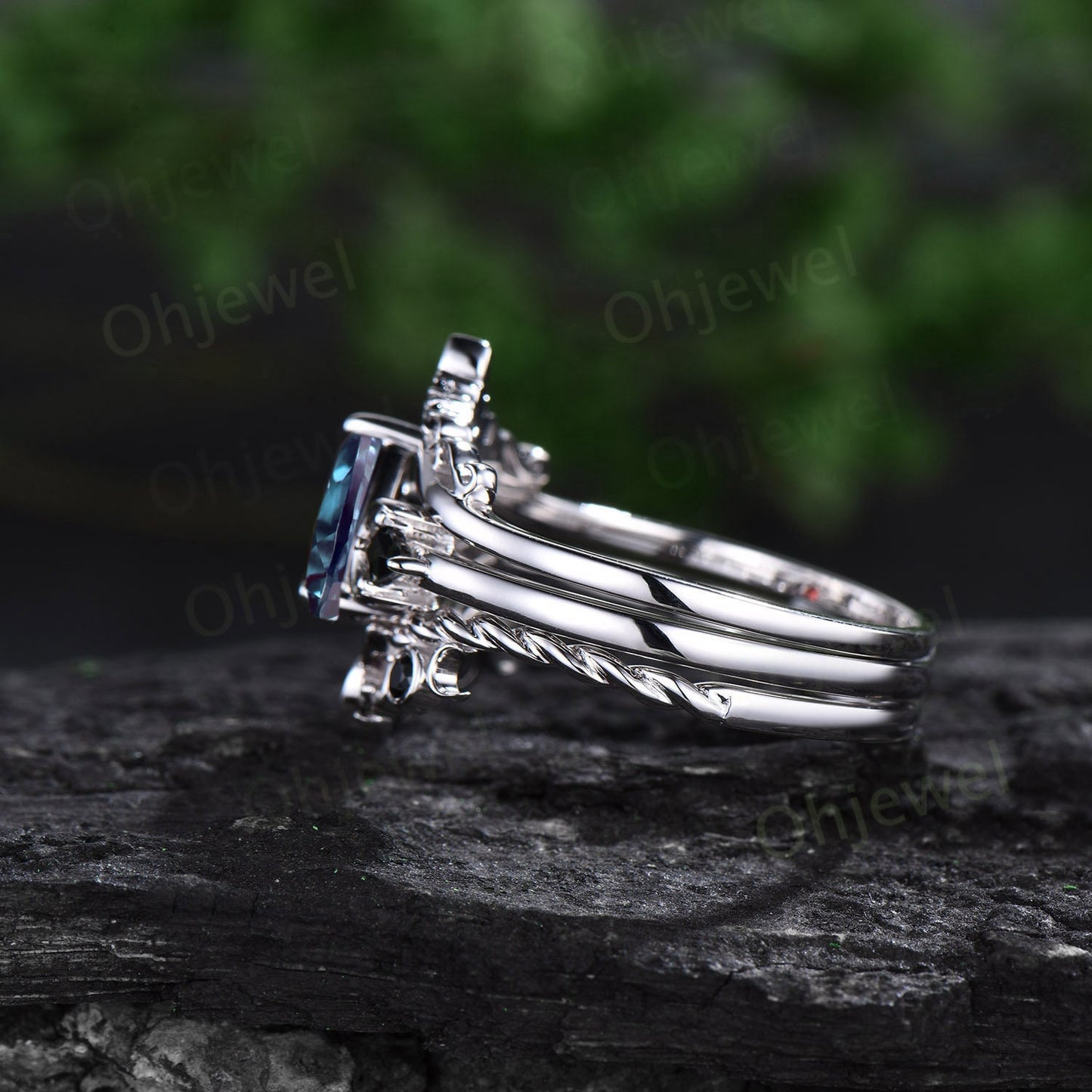 Vintage pear alexandrite engagement ring 14k white gold three stone kite moss agate moon ring set unique anniversary promise ring women her